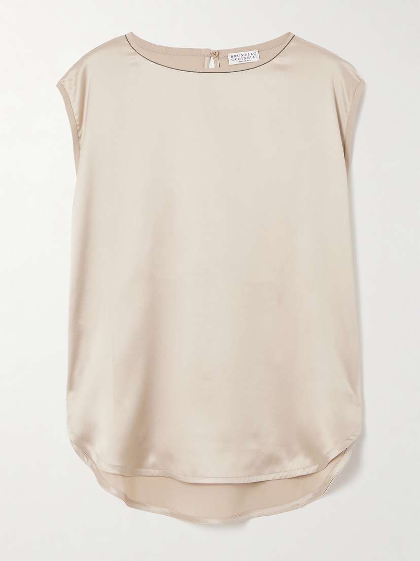 Brunello Cucinelli Bead-embellished Silk-blend Satin Top