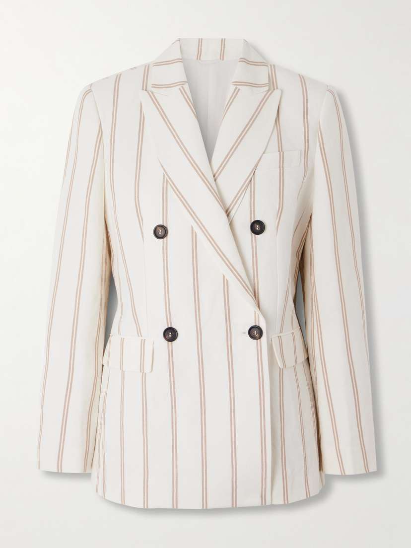 Brunello Cucinelli — Double-breasted striped linen and cotton-blend blazer