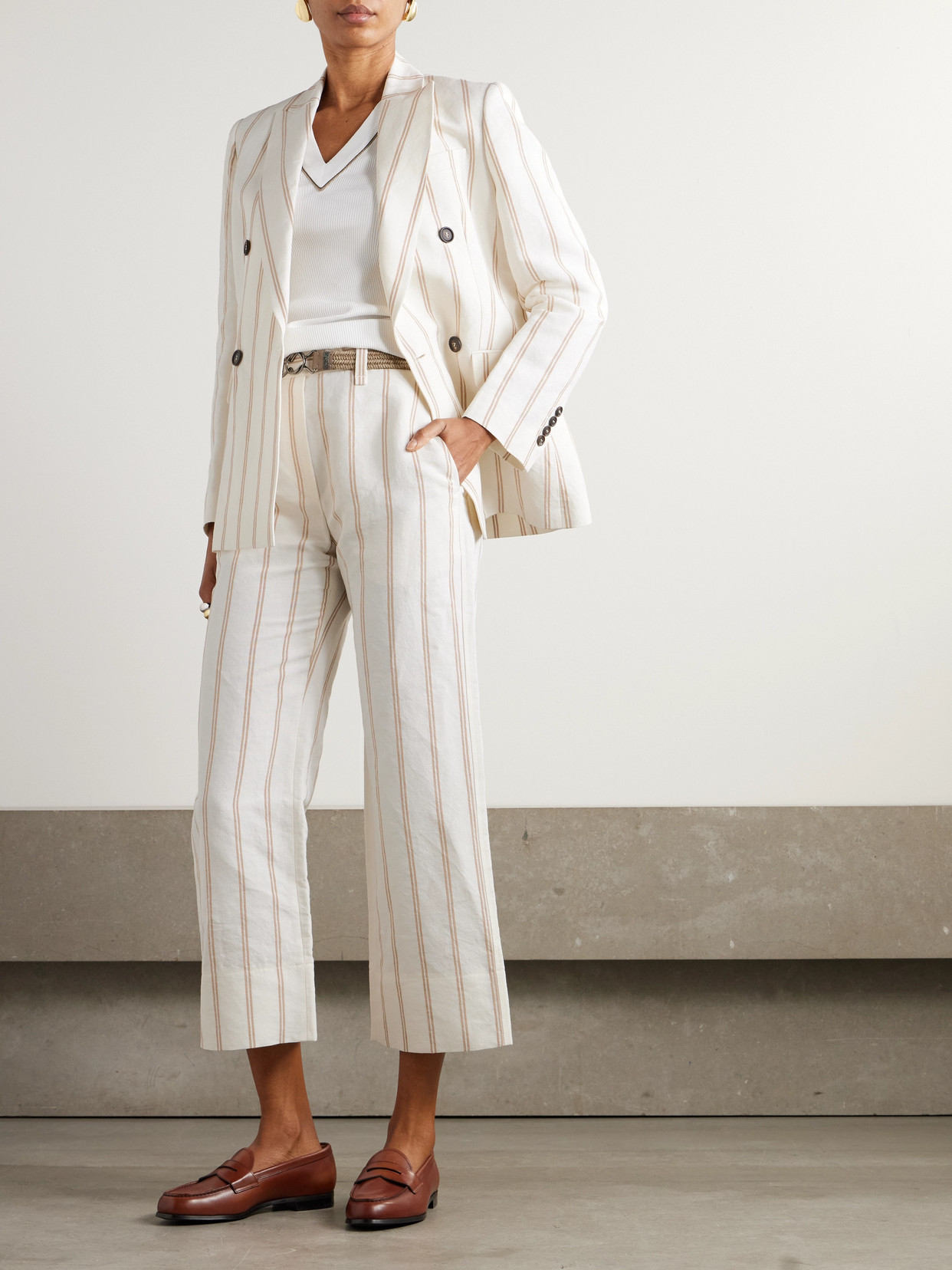 Brunello Cucinelli Multicolor Jacket With All-over Striped Motif And Monile Detail In Off-white