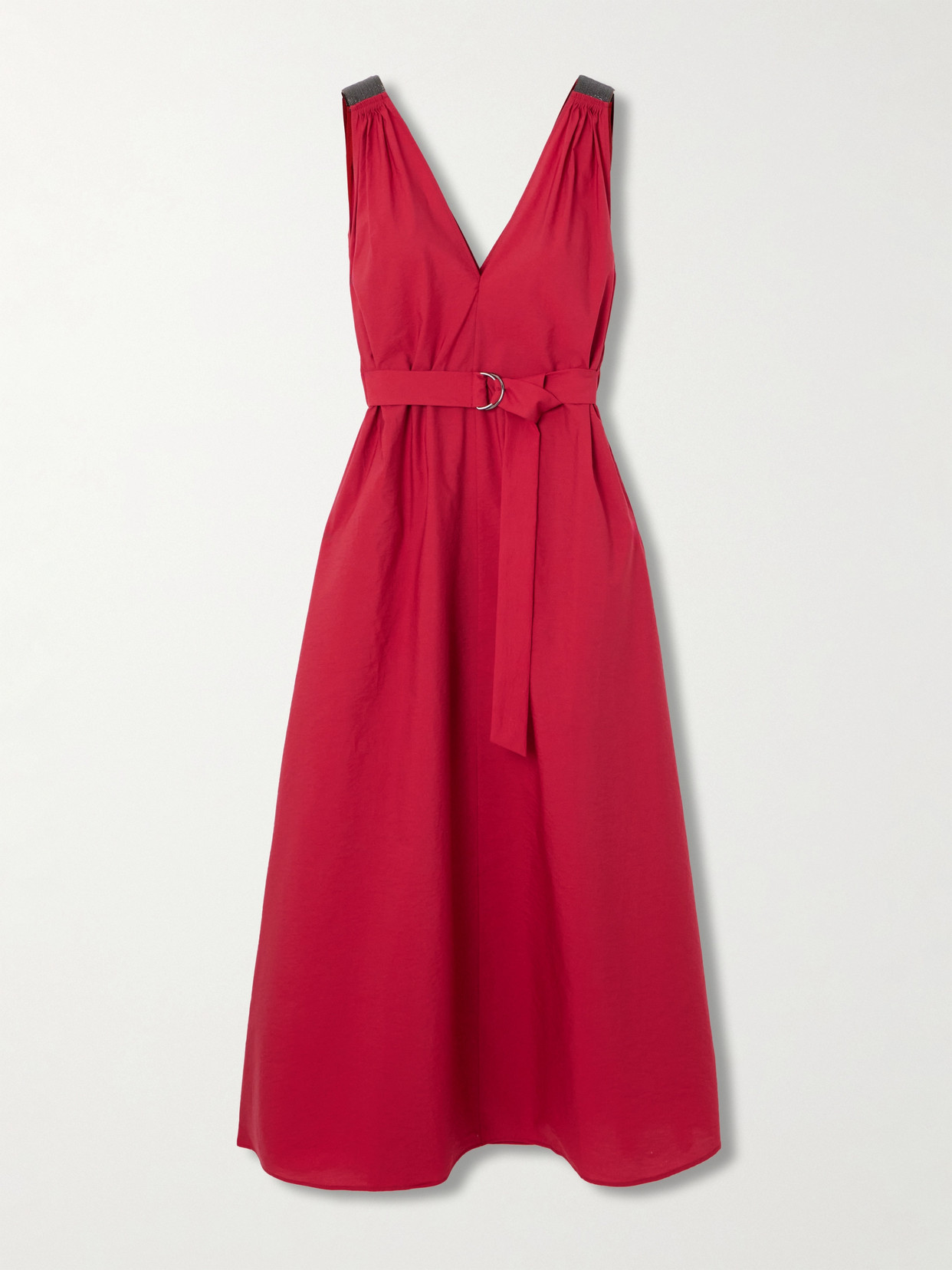 Brunello Cucinelli - Belted Cotton-blend Poplin Midi Dress - Red