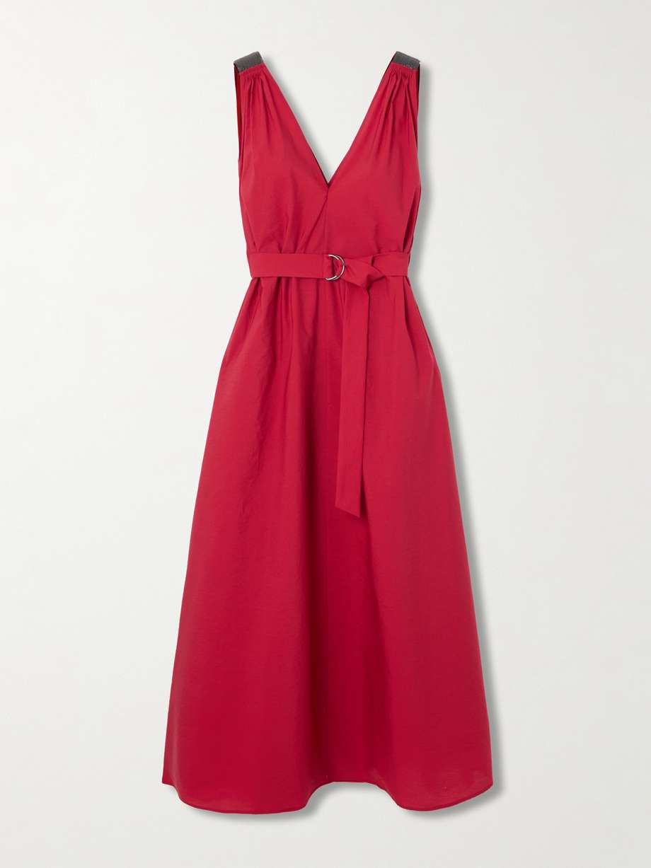 belted cotton-blend poplin midi dress
