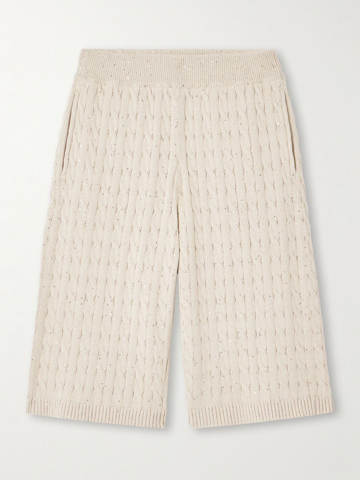 Brunello Cucinelli Sequin-embellished Cable-knit Cotton-blend Shorts In Neutrals