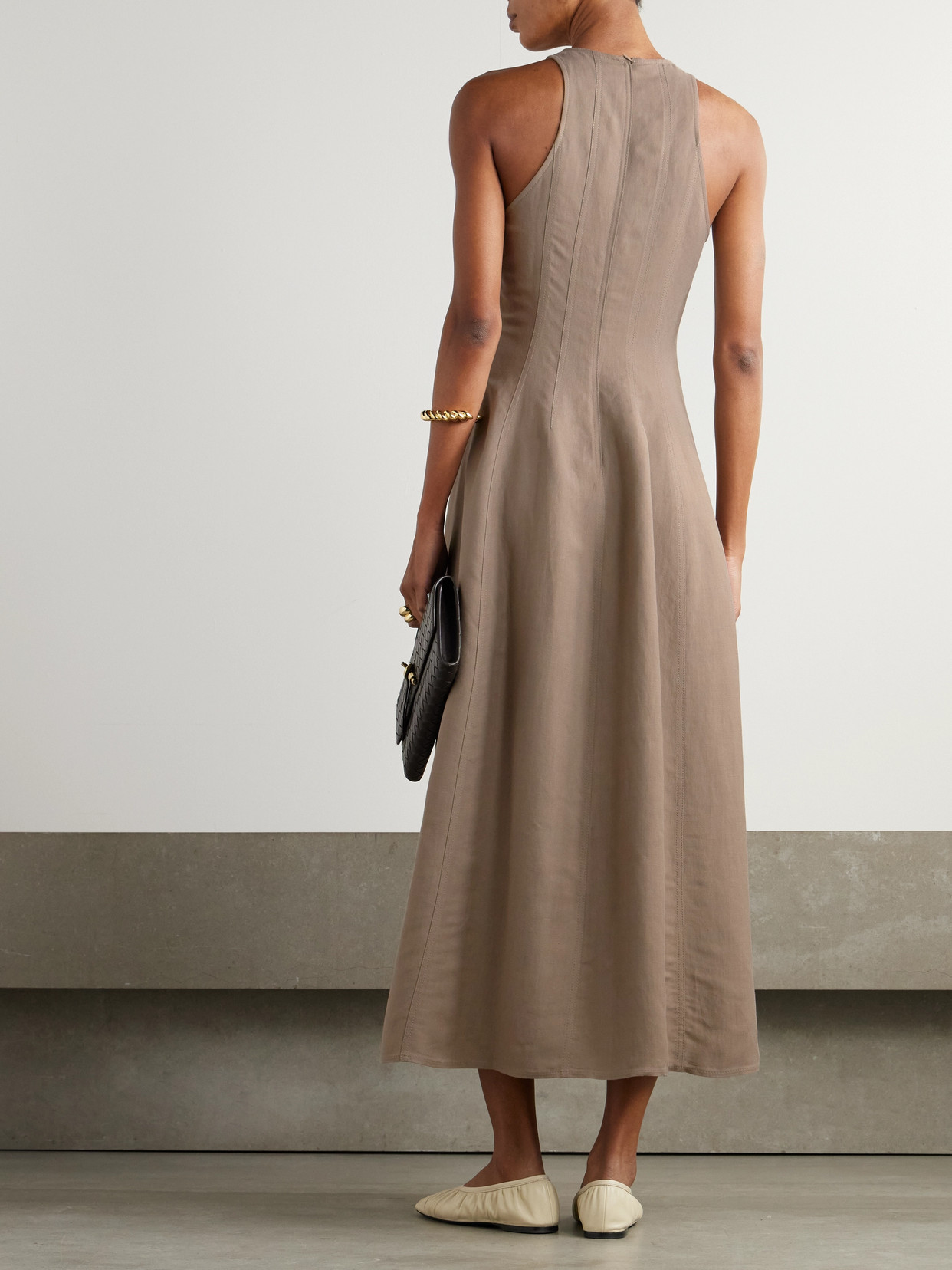 Brunello Cucinelli Paneled Twill Midi Dress In Brown
