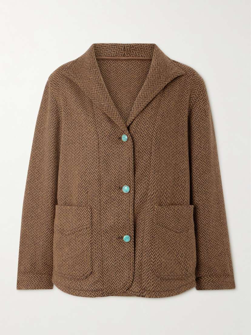 Fortela Turquoise-embellished Herringbone Wool-blend Tweed Jacket