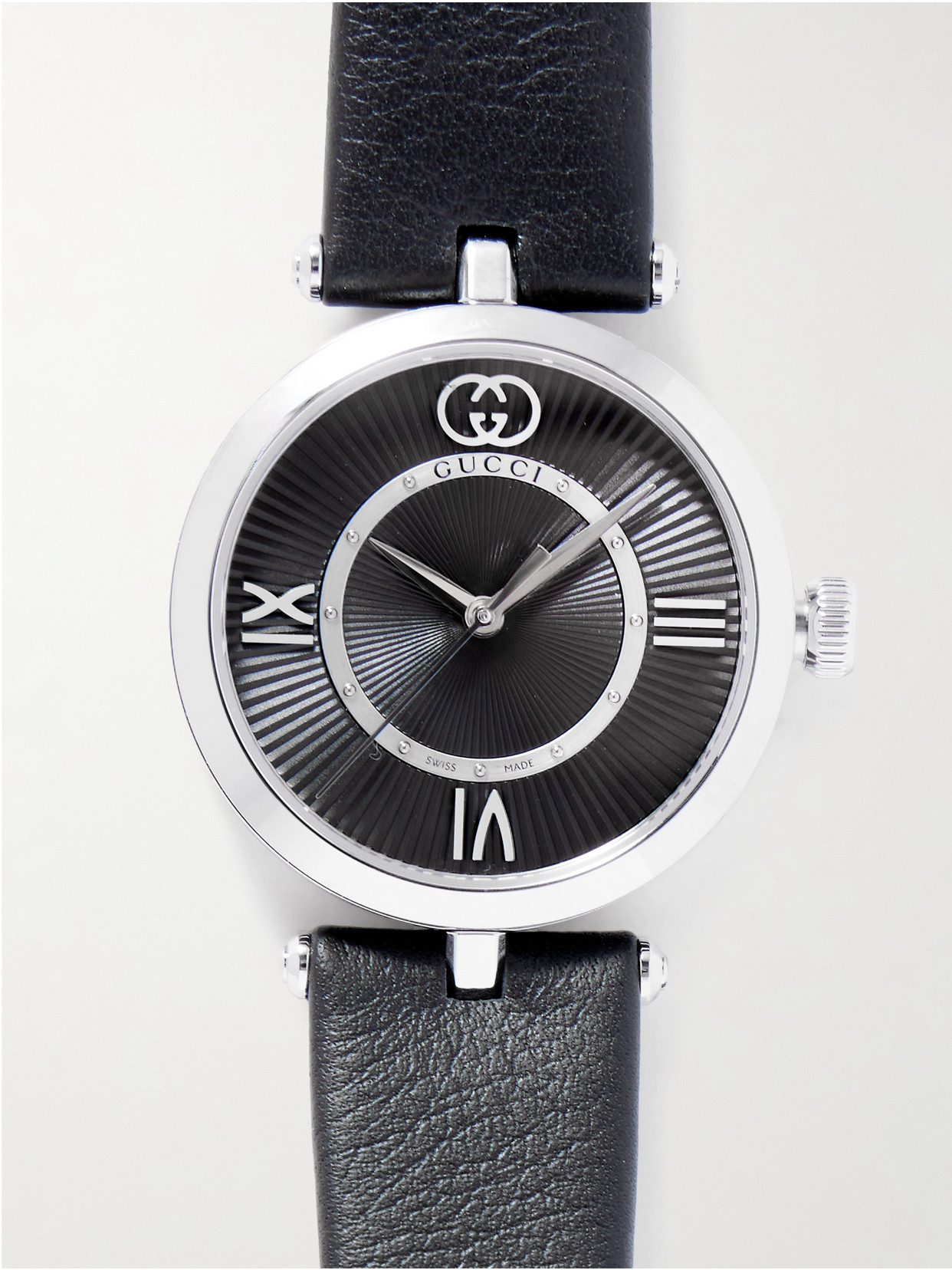 Gucci Model 2000 30mm Stainless Steel And Leather Watch In Black