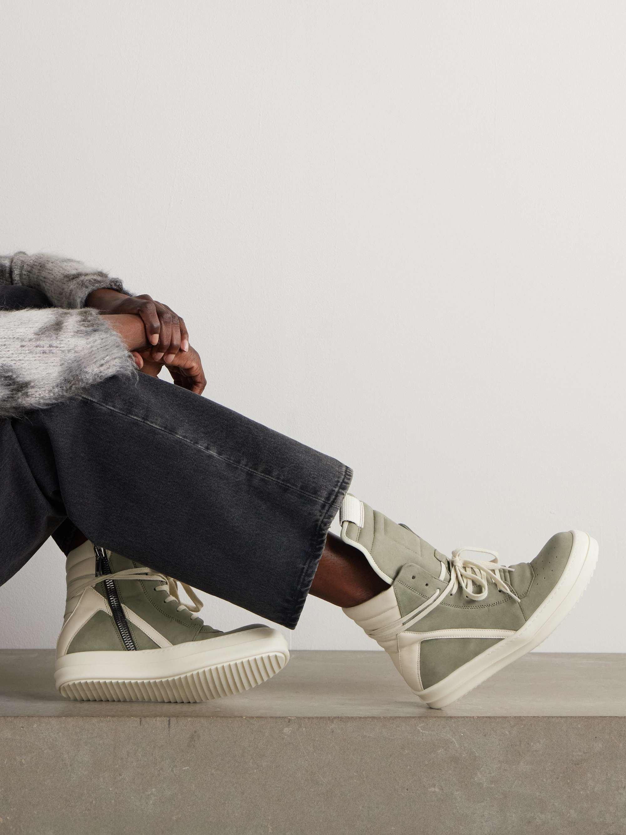 RICK OWENS Geobasket leather-trimmed nubuck high-top