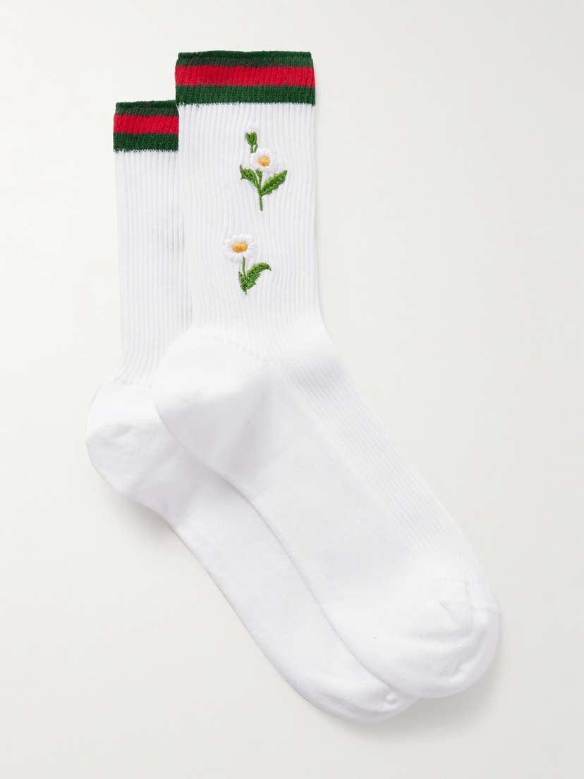 Gucci Embroidered Striped Ribbed Cotton-blend Socks
