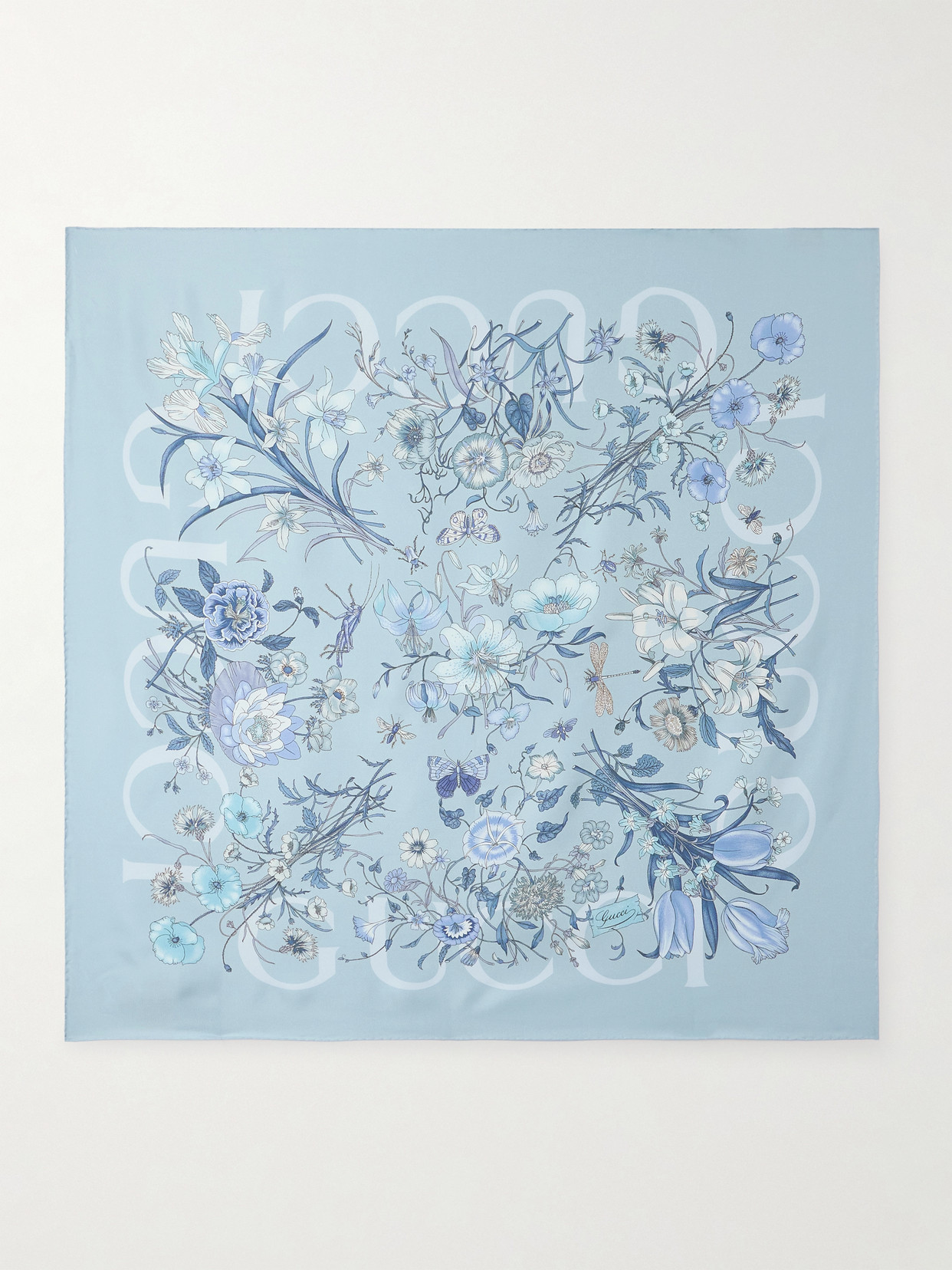 Gucci Flora Floral-print Silk-twill Scarf In Blue