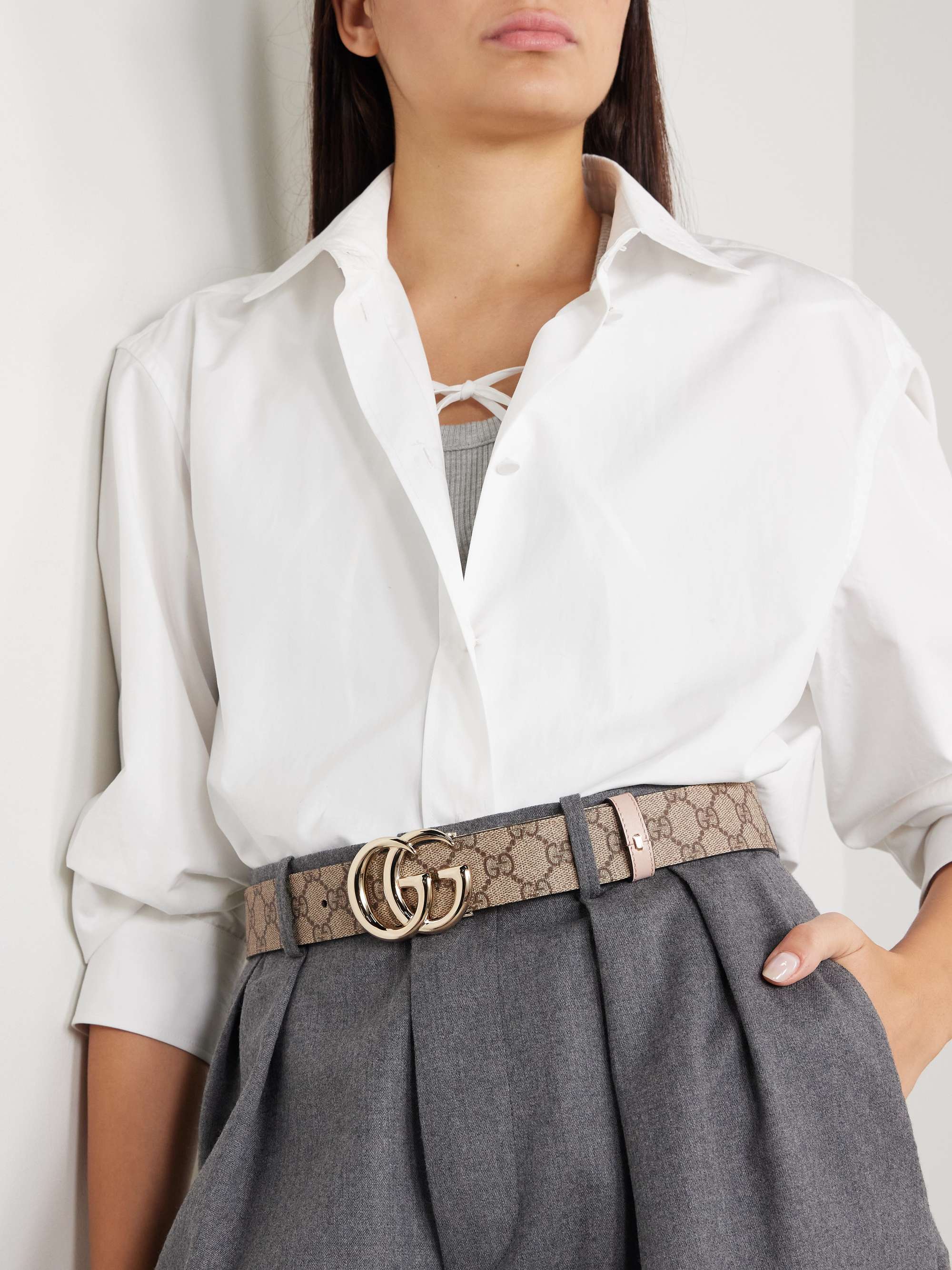 Printed coated canvas and leather belt