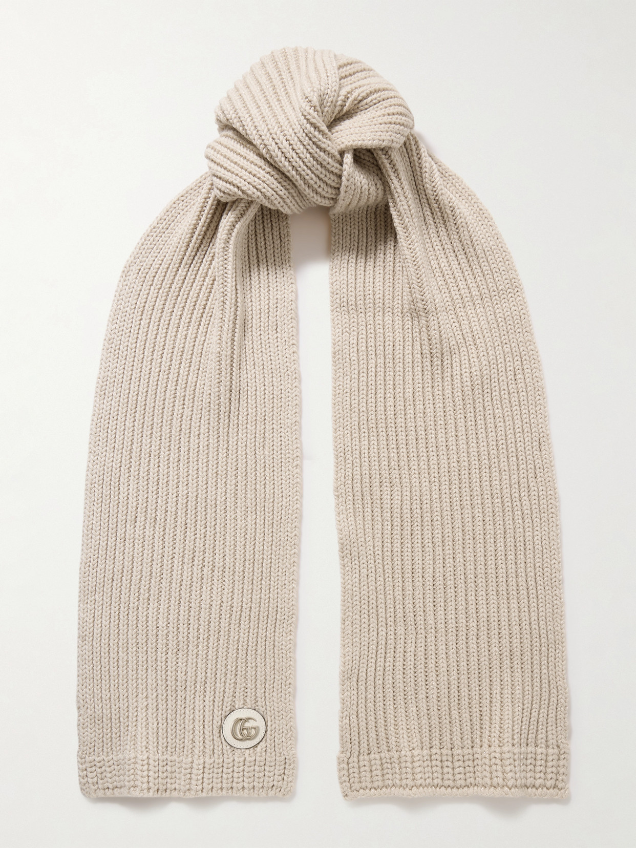 Gucci - Appliquéd Leather-trimmed Ribbed Metallic Wool-blend Scarf - Ivory