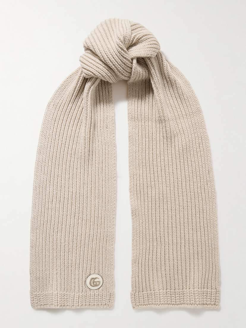 Gucci Appliquéd Leather-trimmed Ribbed Metallic Wool-blend Scarf