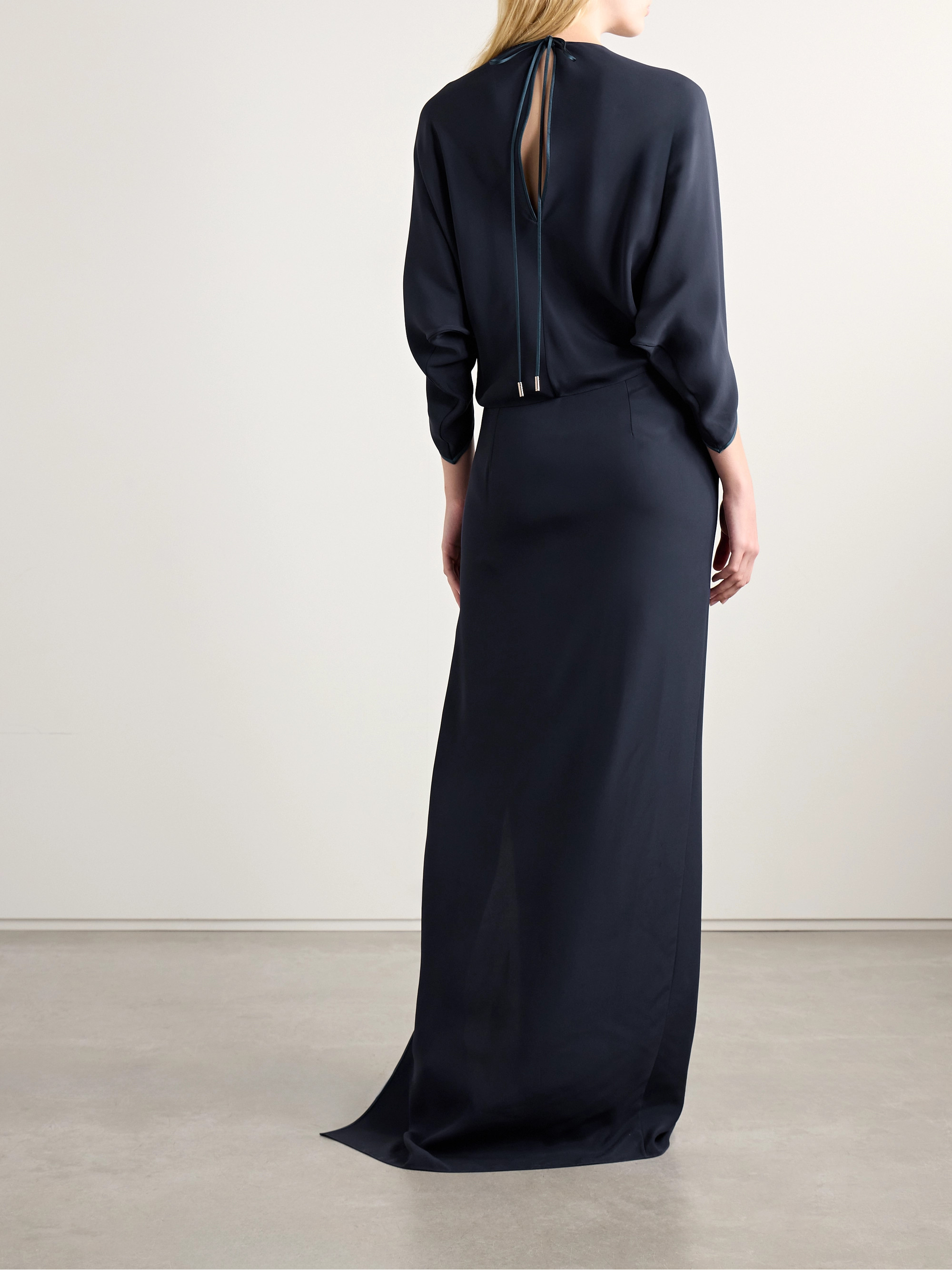 gucci satin dress GUCCI Belted silk-satin and lace halterneck midi dress