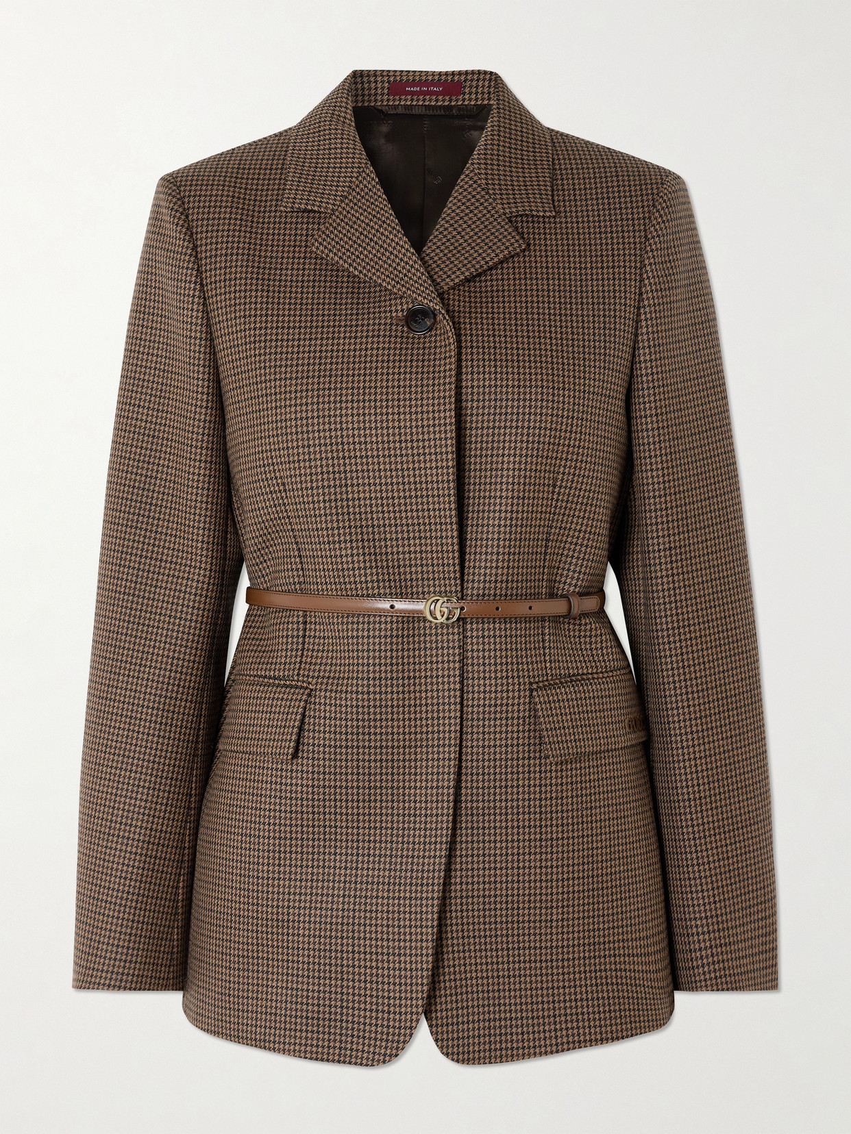 Gucci Leather-trimmed Belted Houndstooth Wool Blazer In Brown
