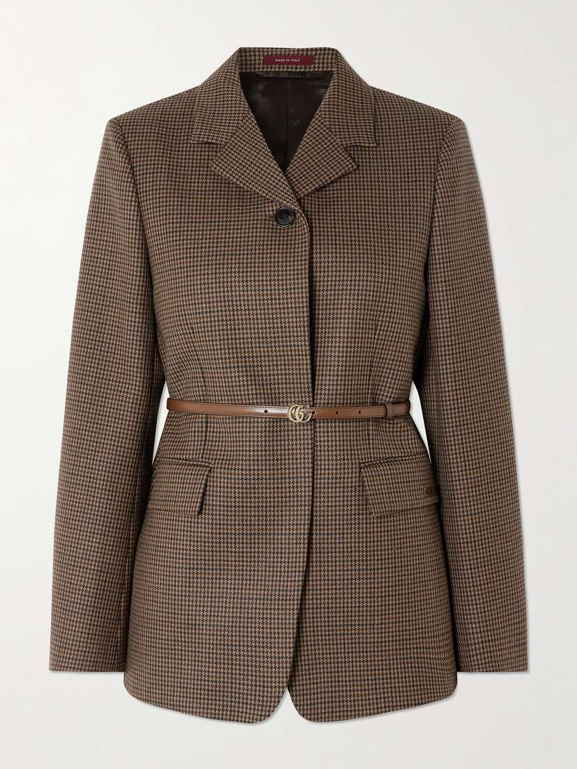 Gucci Leather-trimmed Belted Houndstooth Wool Blazer