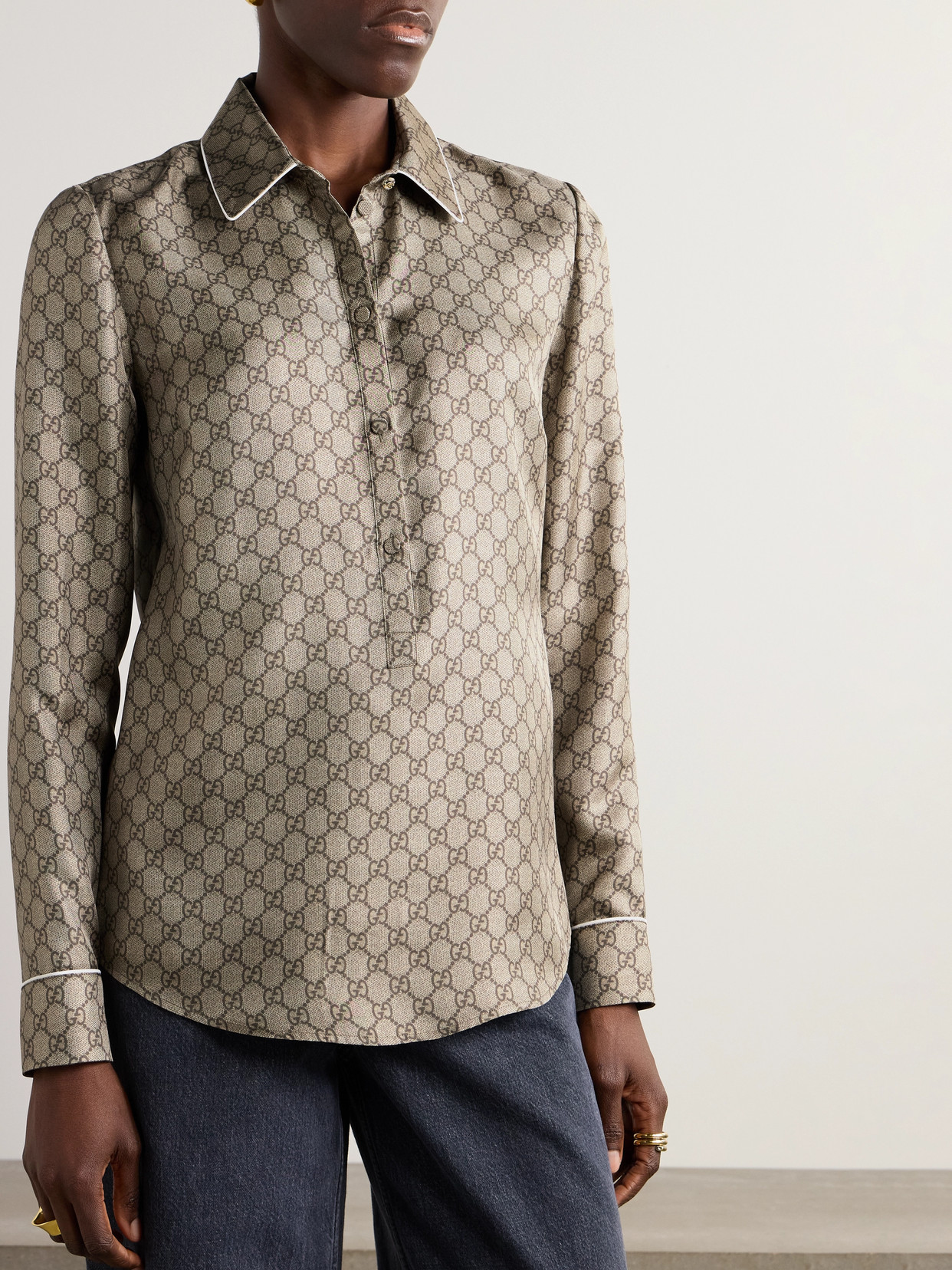 Monogram-Print Silk-Satin Shirt