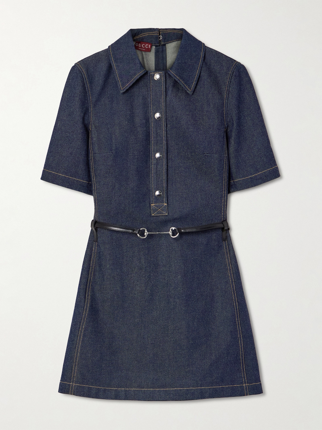 Gucci Belted Leather-trimmed Denim Mini Dress In Blue