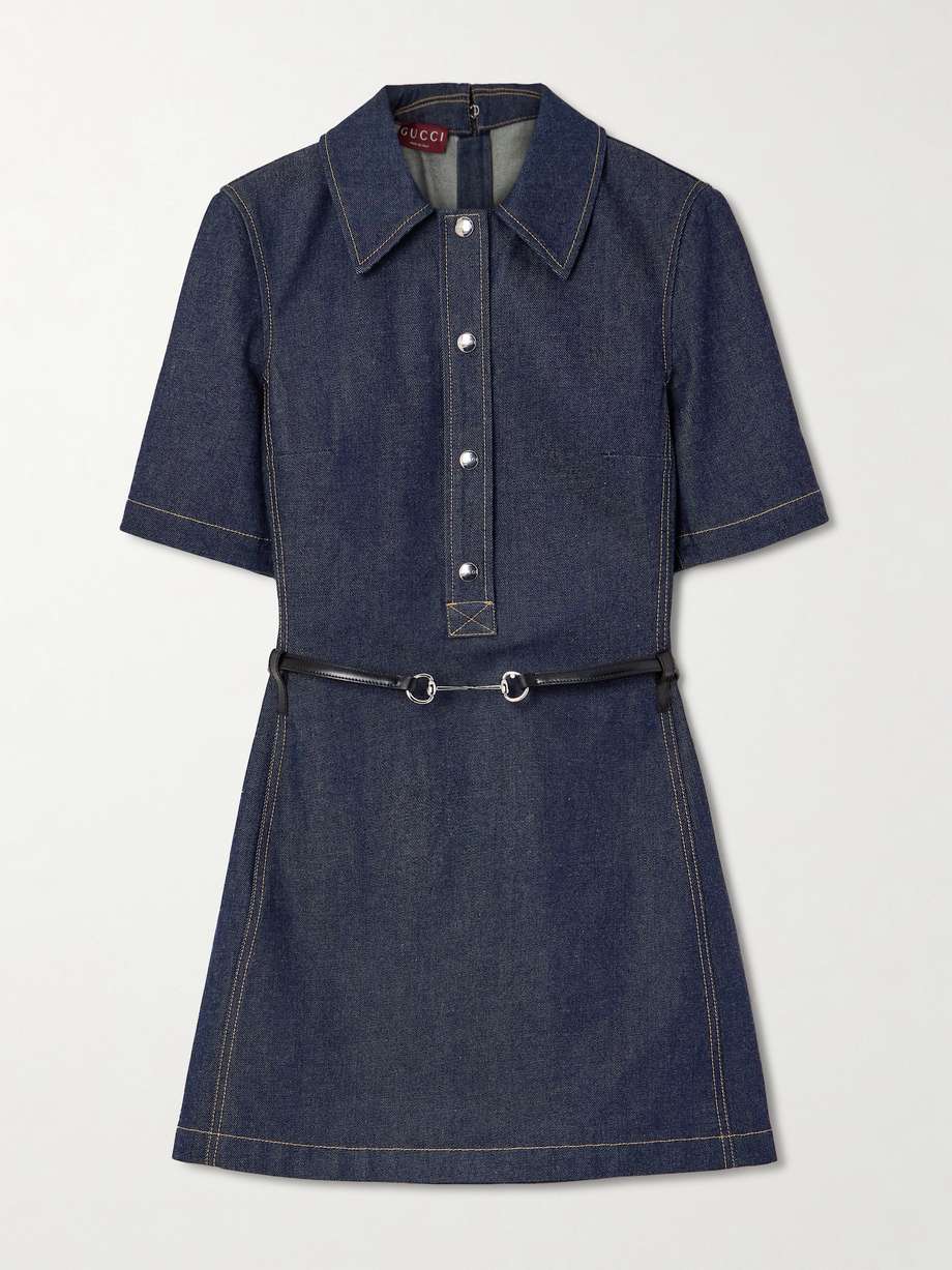 belted leather-trimmed denim mini dress