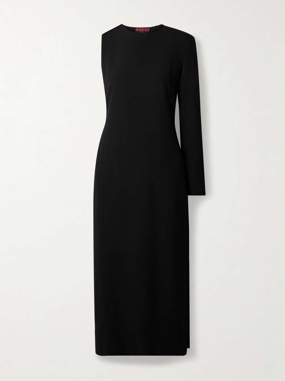 one-sleeve crepe midi dress