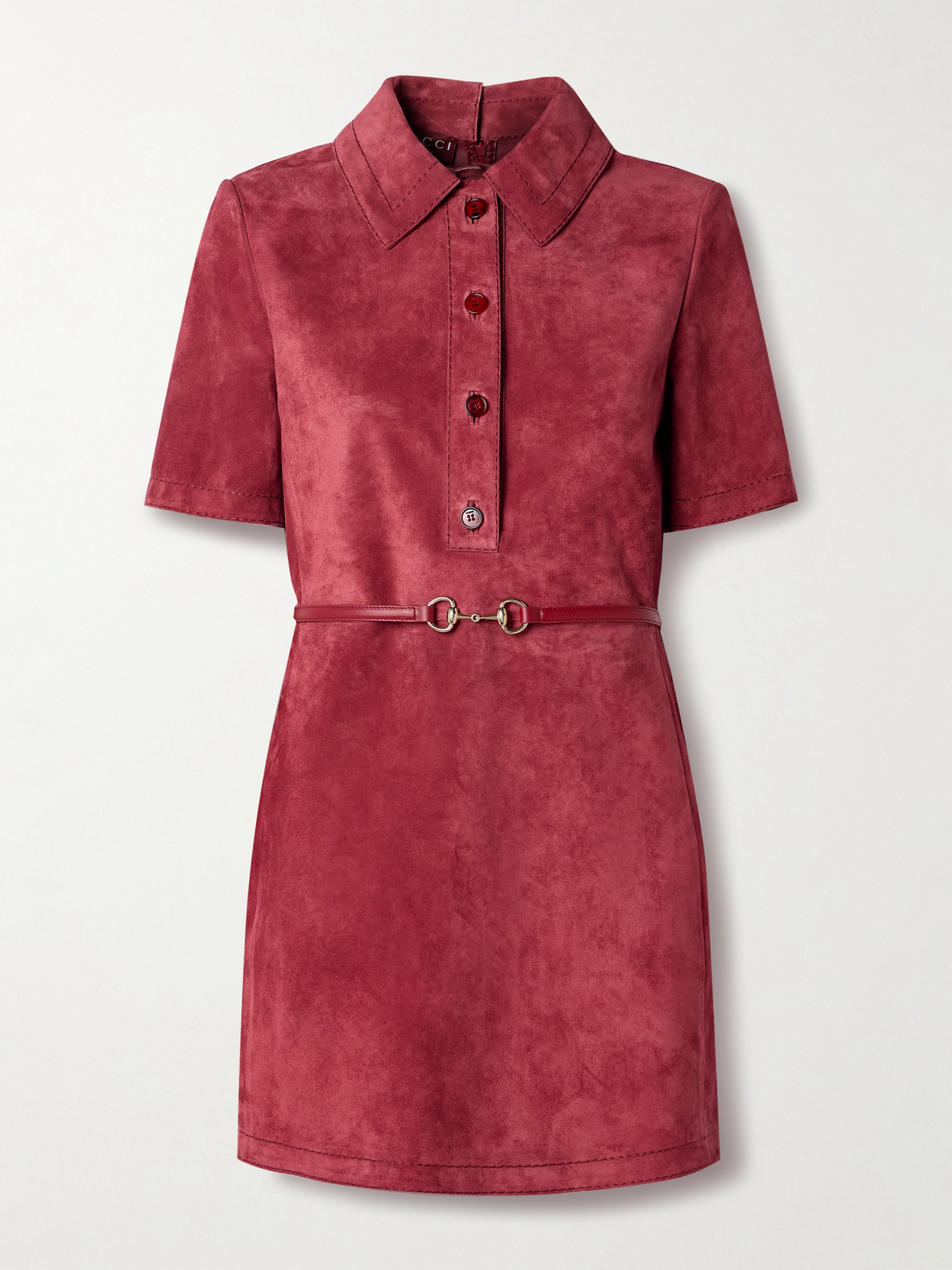 Gucci Belted Leather-paneled Suede Mini Dress In Burgundy