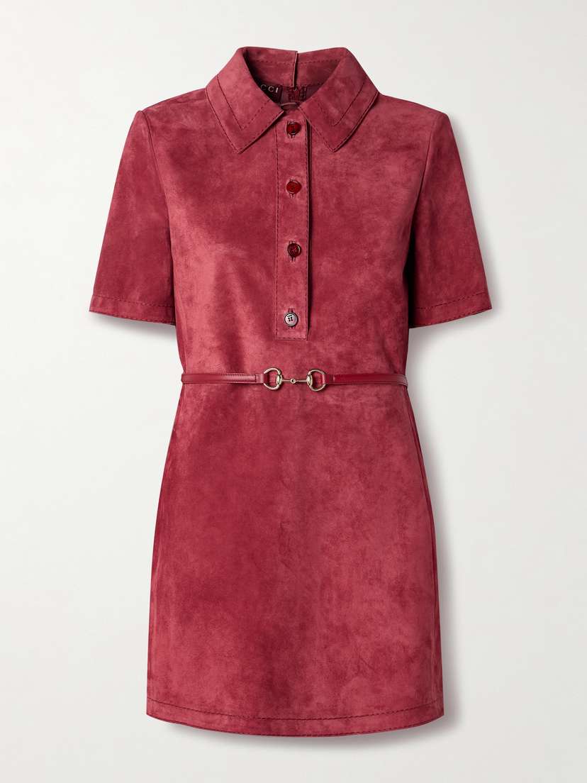 Gucci Belted Leather-paneled Suede Mini Dress