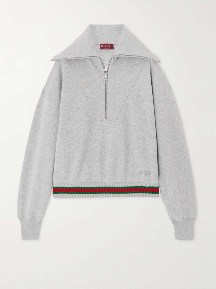 Gucci Appliquéd triped Cotton-jersey Half-zip weatshirt