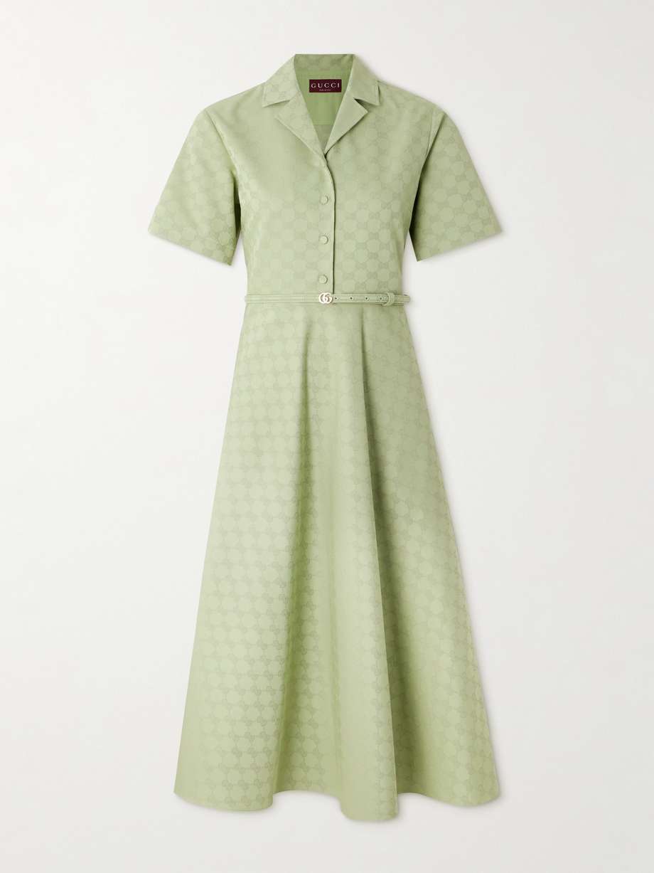 belted gabardine-jacquard midi shirt dress