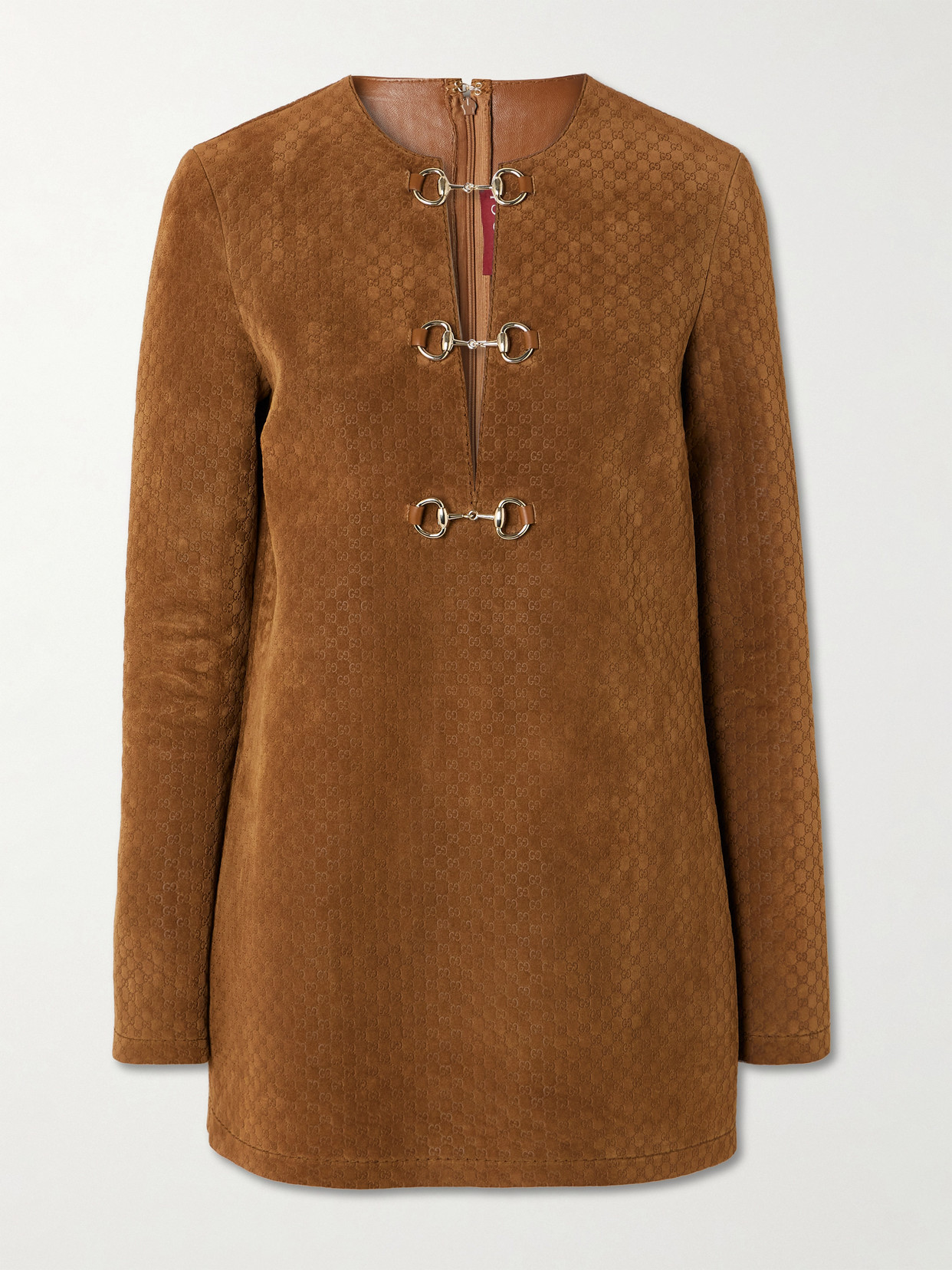 Gucci Horsebit-detailed Debossed Suede Mini Dress In Brown