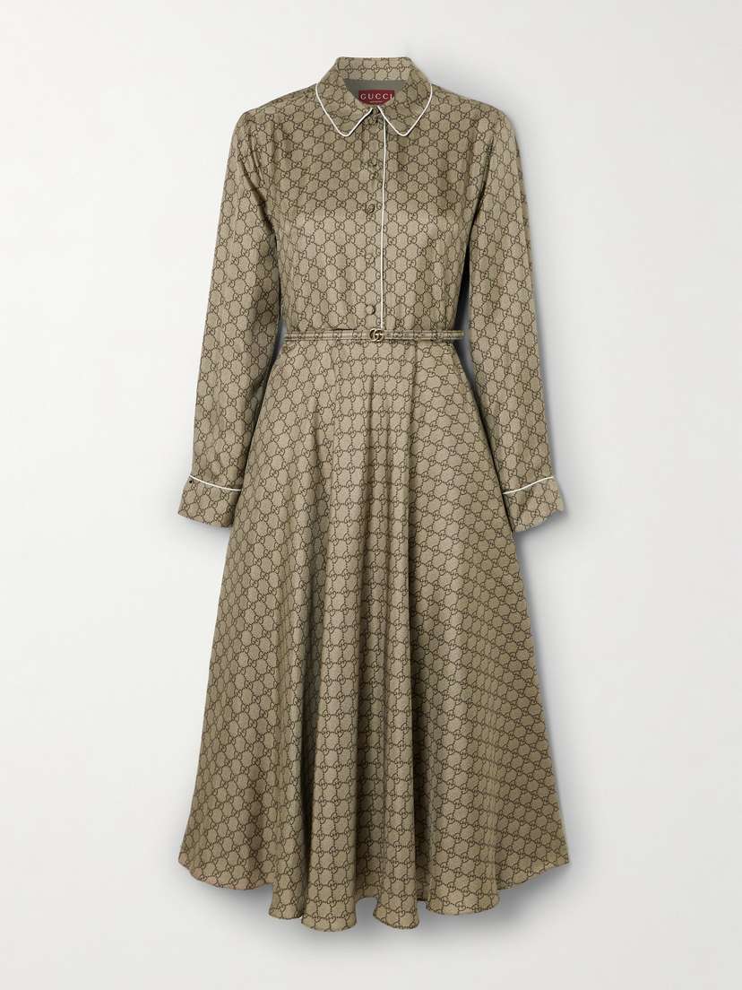 Belted Piped Printed Silk-twill Midi Shirt Dress