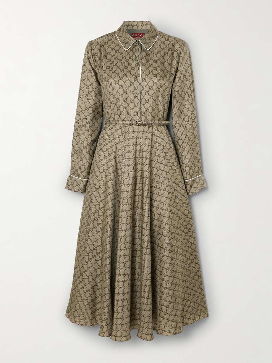 belted piped printed silk-twill midi shirt dress