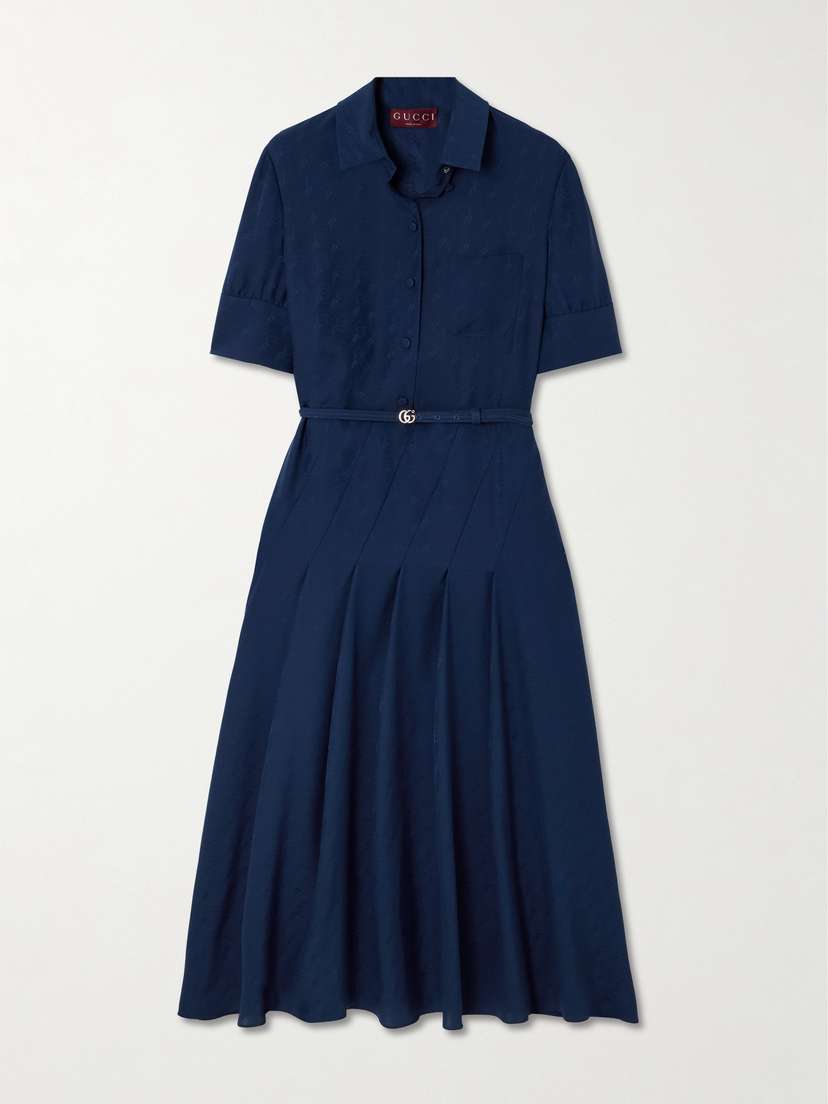 Gucci Belted Pleated Silk-jacquard Midi Shirt Dress