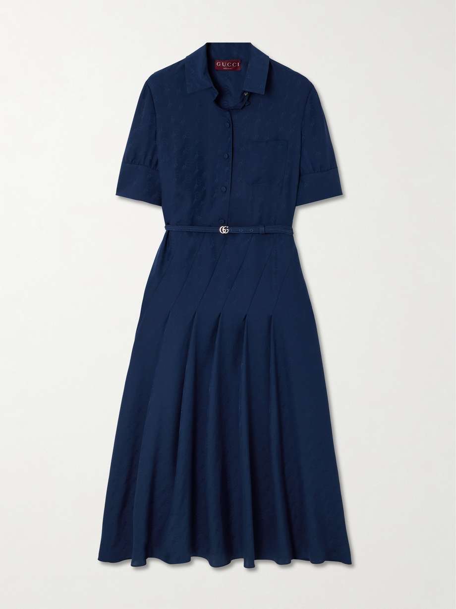belted pleated silk-jacquard midi shirt dress