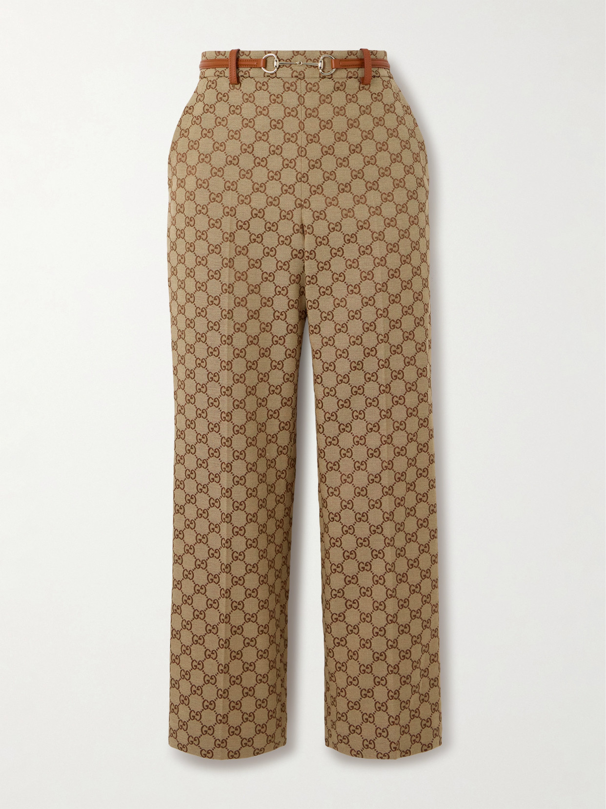 Gucci Belted Cropped Logo-jacquard Cotton-blend Canvas Tapered Pants In Brown