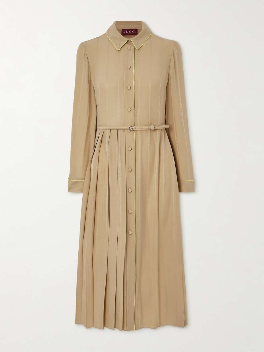 belted pleated silk-jacquard midi shirt dress