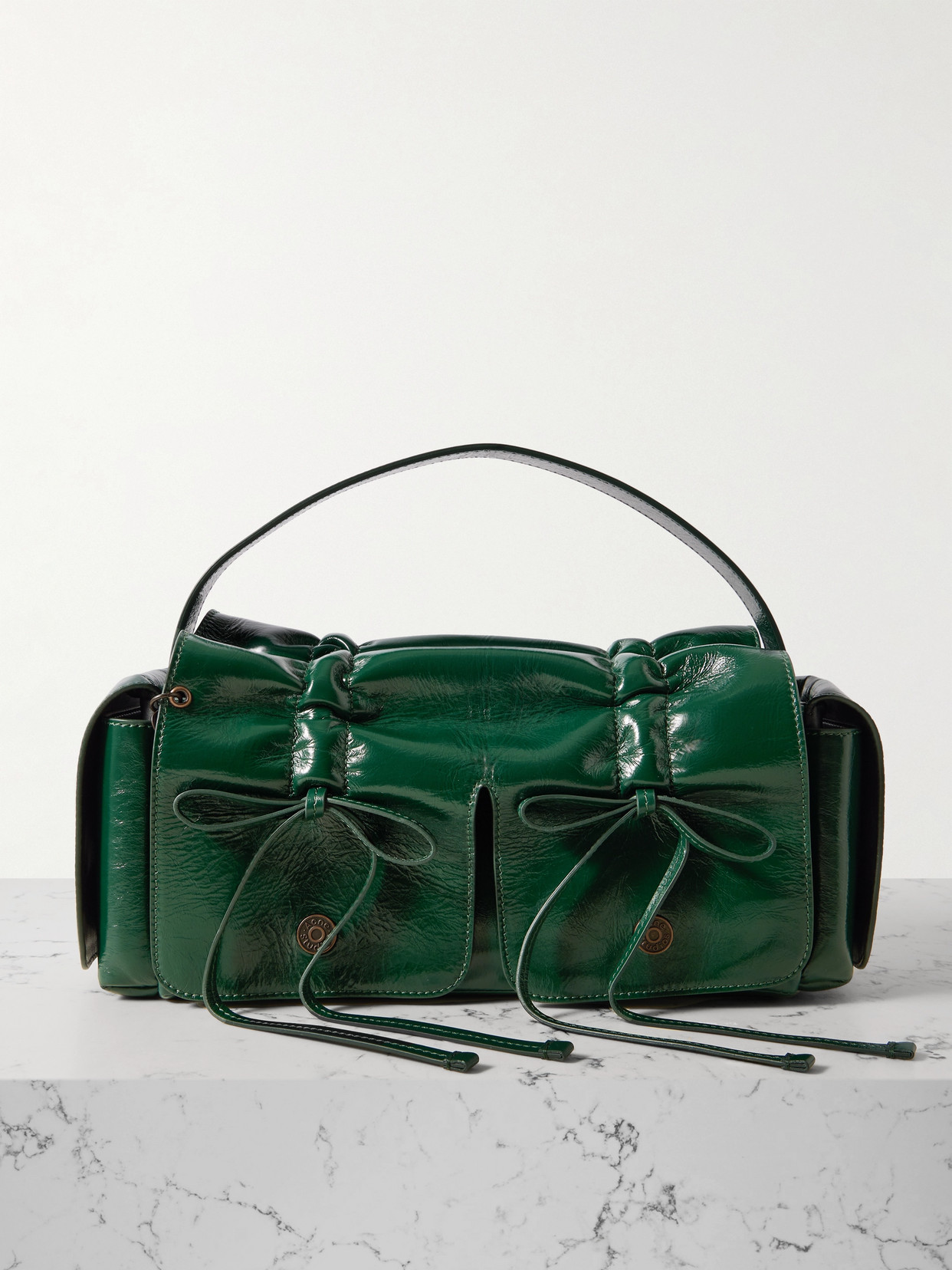 Acne Studios Multipocket Bow-detailed Embellished Leather Shoulder Bag In Green