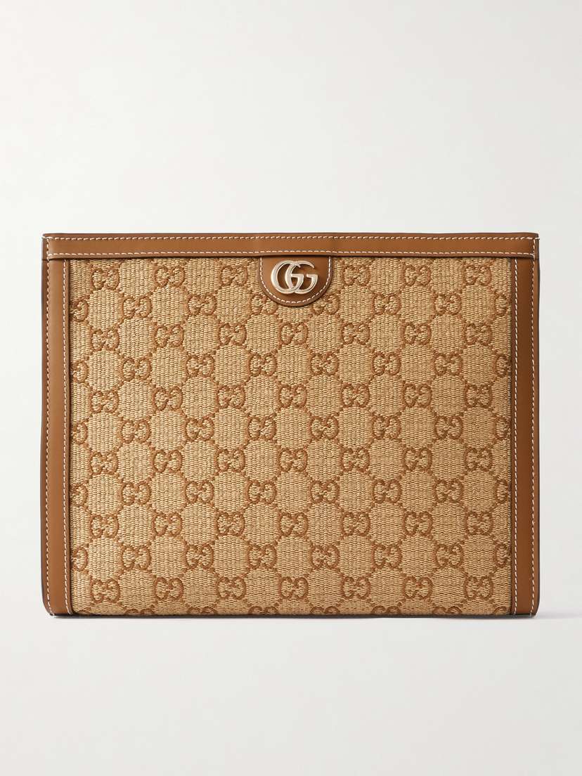 Gucci Ophidia Leather-trimmed Logo-jacquard Raffia Pouch