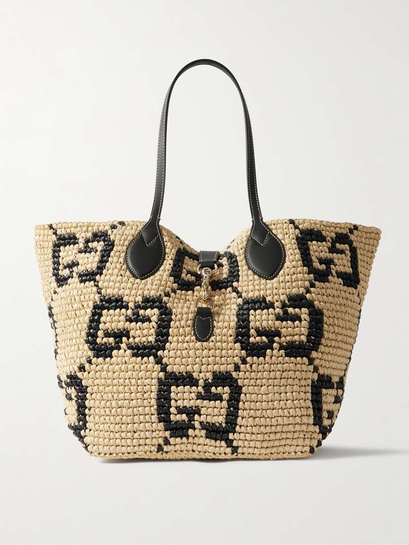 Gucci Leather-trimmed Logo-jacquard Raffia Tote