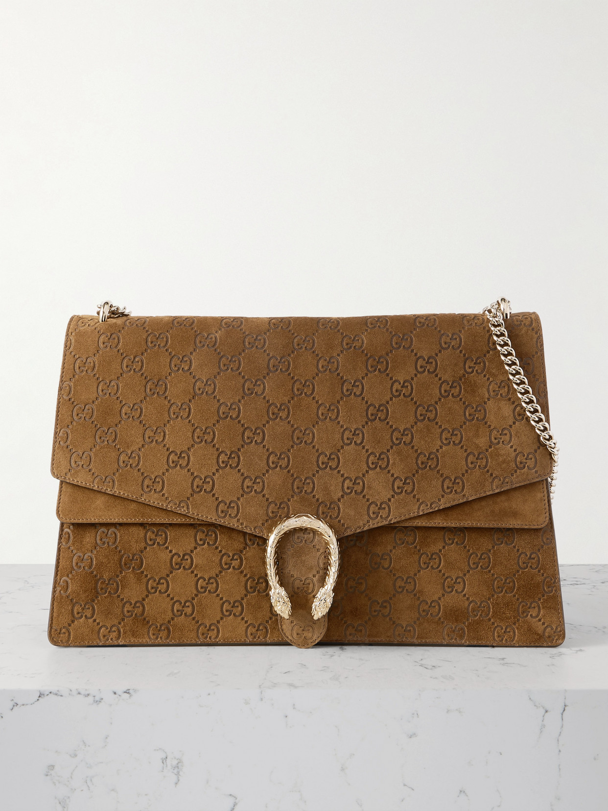 Gucci Dionysus Debossed Suede Shoulder Bag In Brown