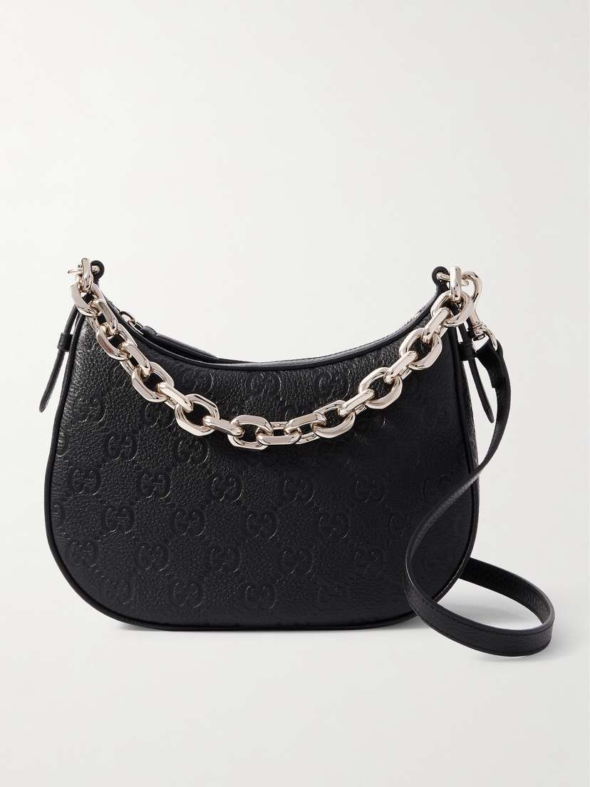 Gucci Gg Emblem Small Chain-trimmed Debossed Textured-leather Shoulder Bag