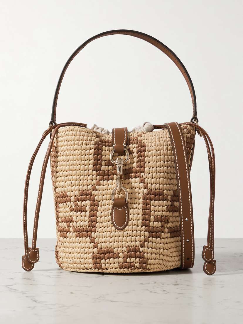Gucci Mini Leather-trimmed Raffia-jacquard Bucket Bag