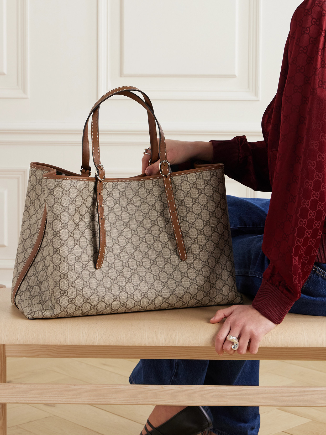 GG Emblem Leather-Trimmed Printed Coated-Canvas Tote
