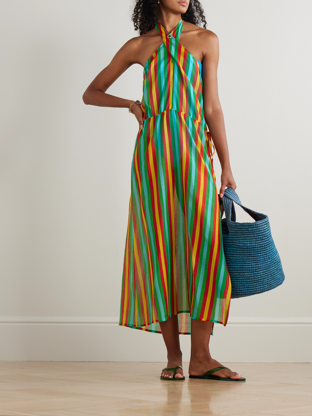 Lido Striped Cotton And Silk-blend Halterneck Midi Dress