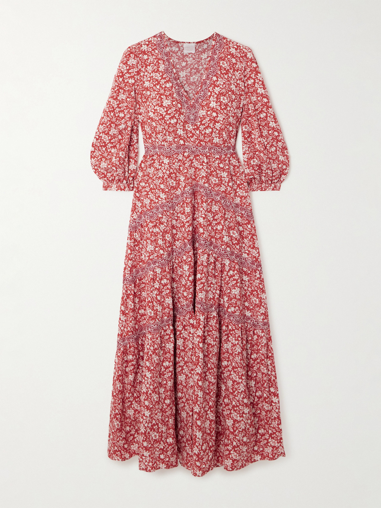 Loretta Caponi Pienza Tiered Lace-trimmed Floral-print Lyocell Midi Dress In Red