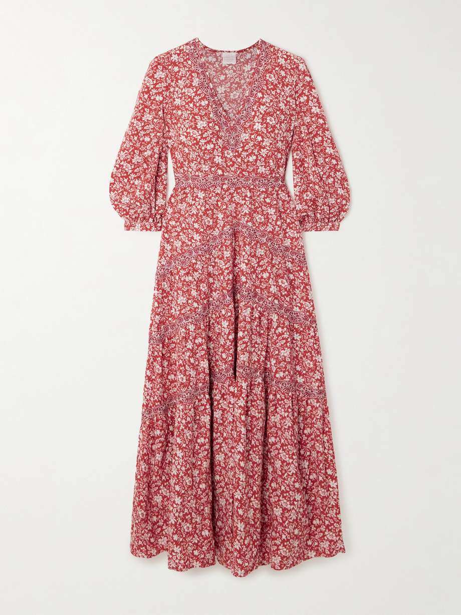 pienza tiered lace-trimmed floral-print lyocell midi dress