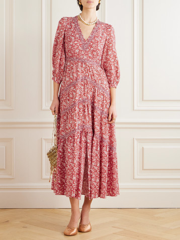 Loretta Caponi Pienza tiered lace-trimmed floral-print Lyocell midi dress