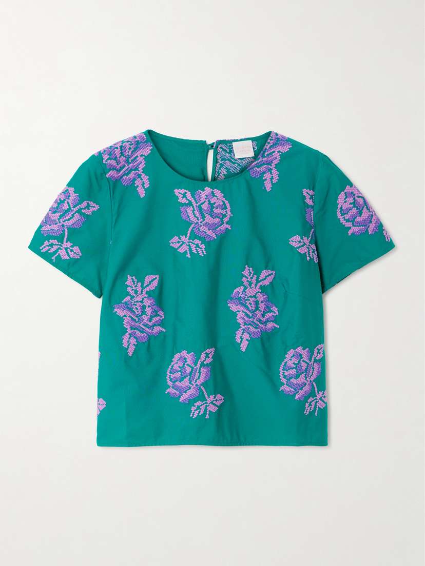 Loretta Caponi Hilary Embroidered Cotton Top