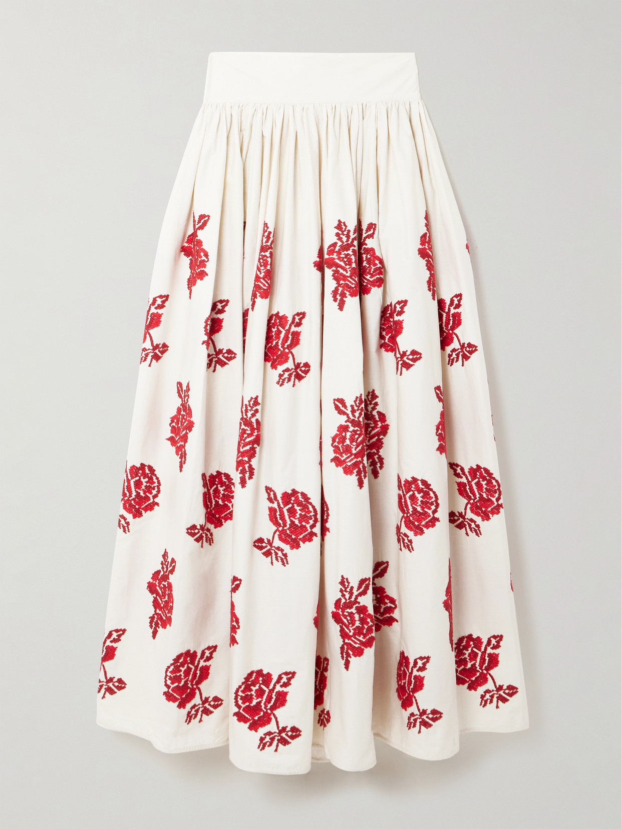 Loretta Caponi Vanessa Pleated Embroidered Cotton-poplin Maxi Skirt In Cream