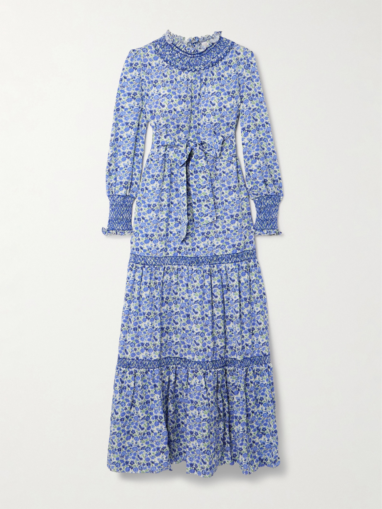Loretta Caponi Loretta Reed Tiered Embroidered Lyocell Maxi Dress In Blue