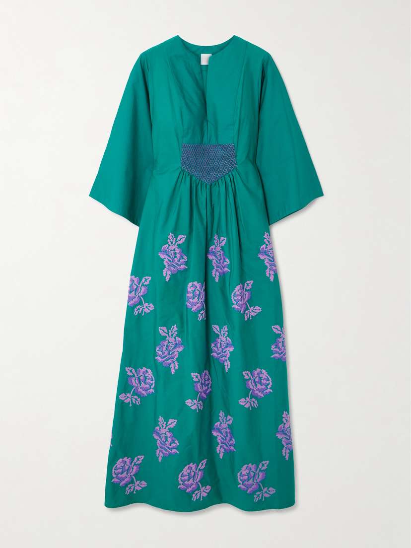 Loretta Caponi Sassetta Embroidered Cotton-poplin Maxi Dress