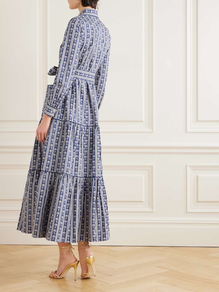 uma belted tiered printed striped cotton-poplin midi dress
