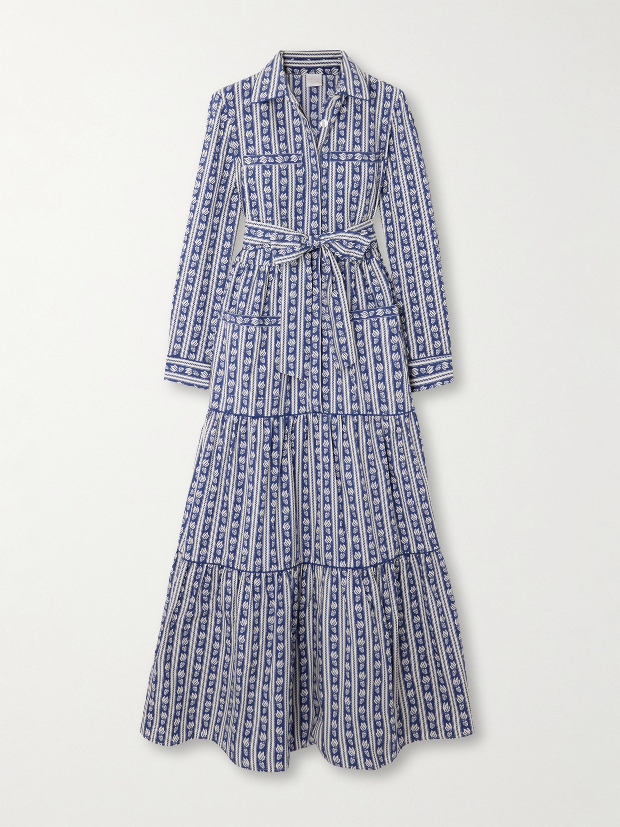 Loretta Caponi Uma Belted Tiered Printed Striped Cotton-poplin Midi Dress In Blue
